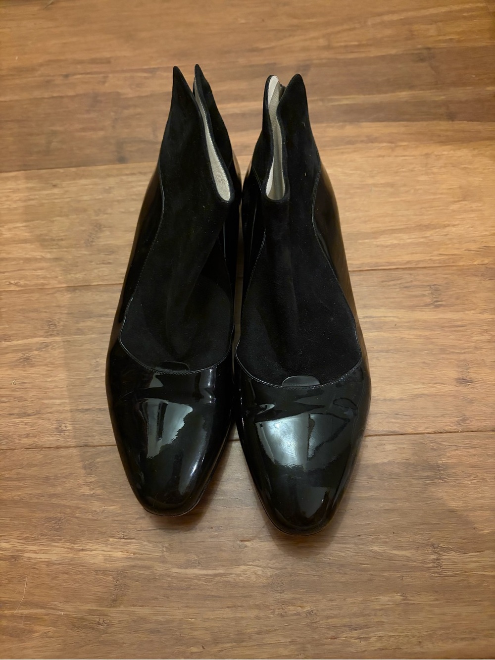 Giorgio Armani Black Patent Leather Velvet ankle boots